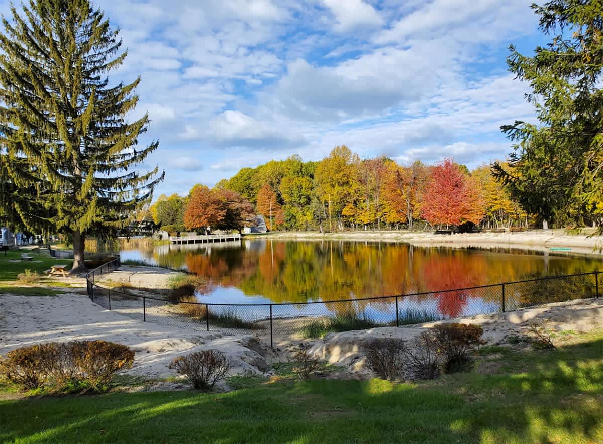 Expansive view of a tranquil fishing pond in autumn, featuring a large evergreen tree in the foreground and a backdrop of deciduous trees displaying brilliant fall colors reflected in the water.