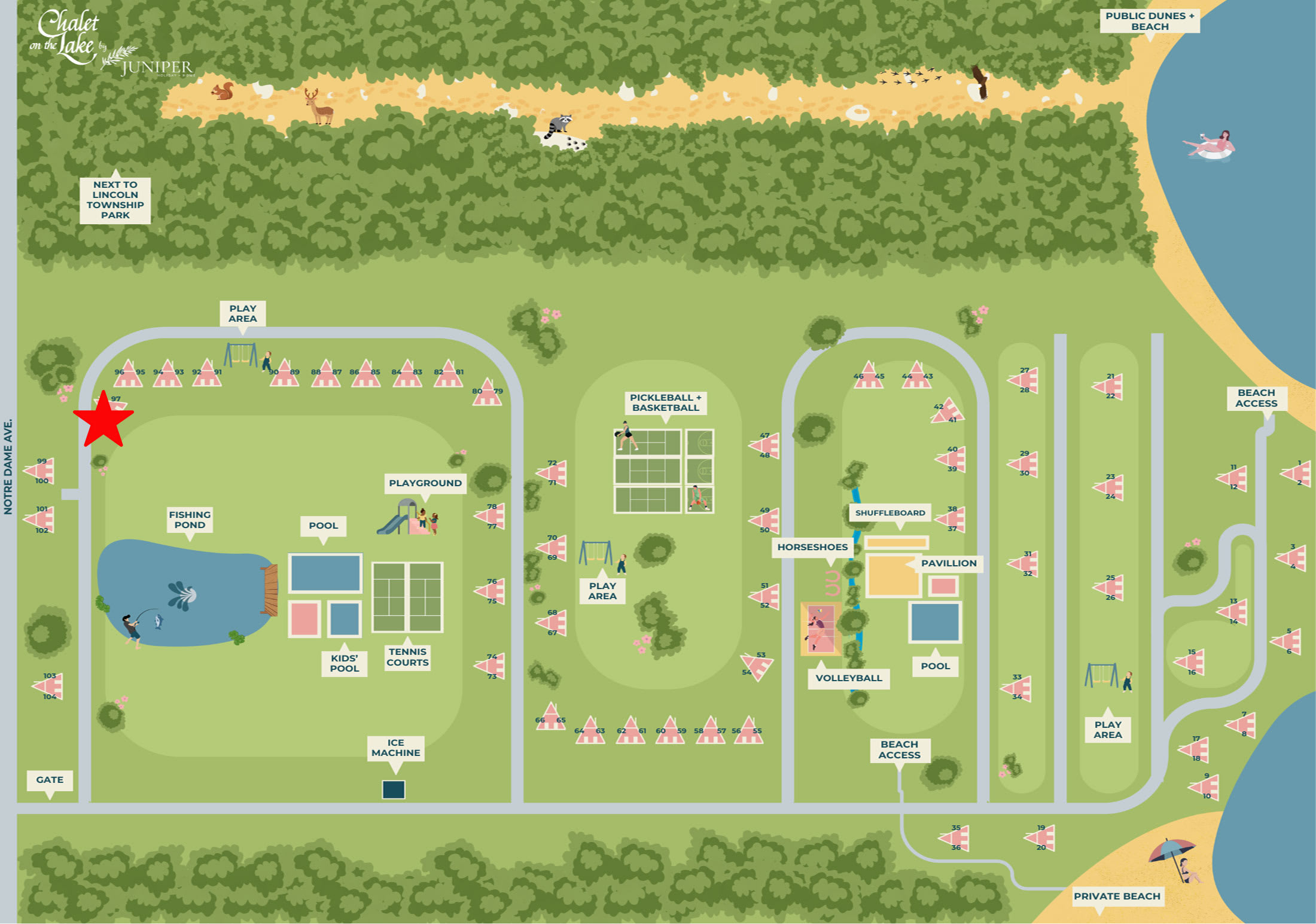 Detailed resort map illustrating the layout of A-frame chalets, various recreational amenities including pools, tennis courts, a playground, fishing pond, and beach access points.