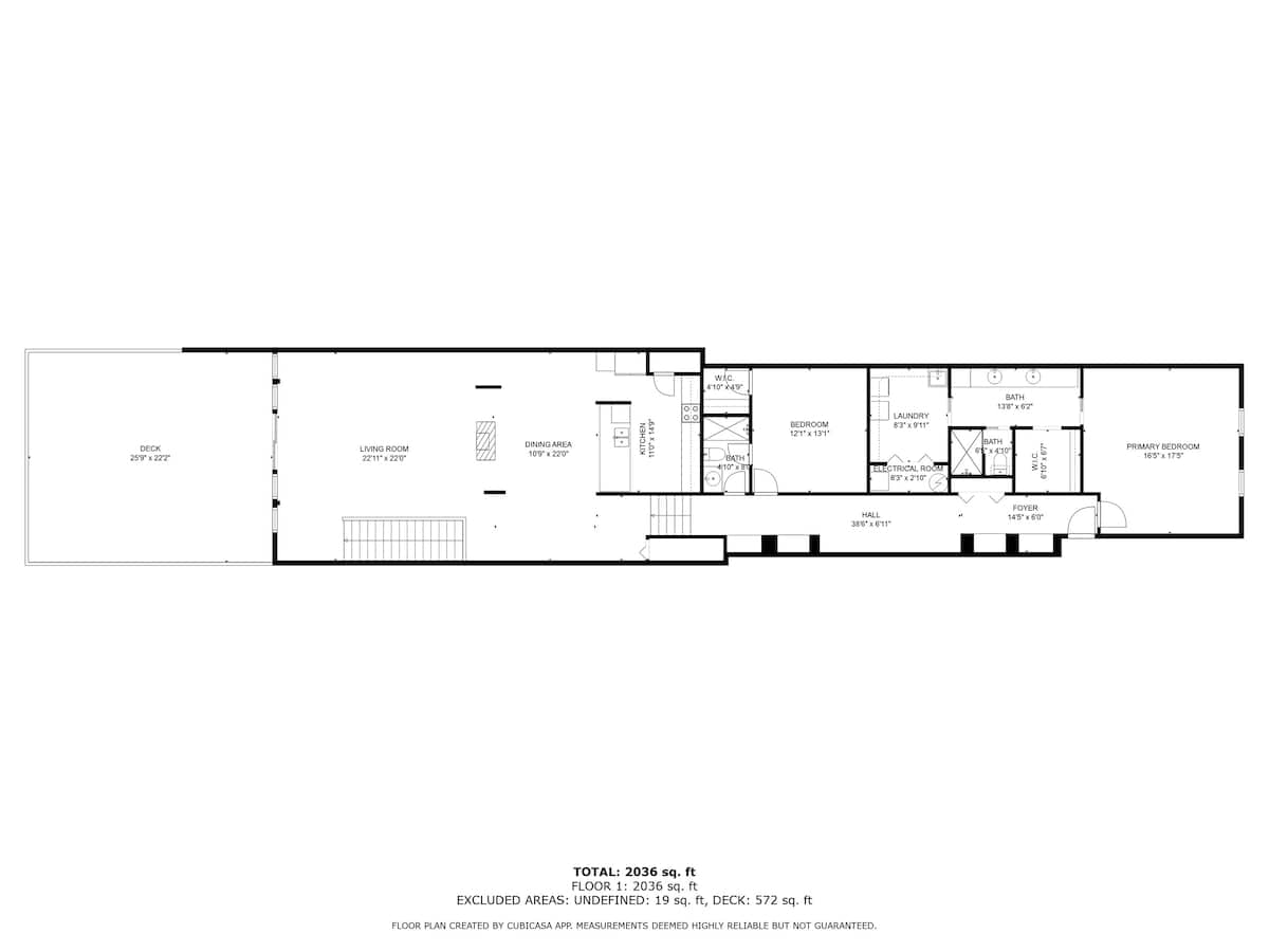 A comprehensive black and white floor plan detailing the 2036 sq ft property, featuring a spacious deck, open-concept living and dining areas, a kitchen, two bedrooms, two bathrooms, a laundry room, and a welcoming foyer, complete with room dimensions.