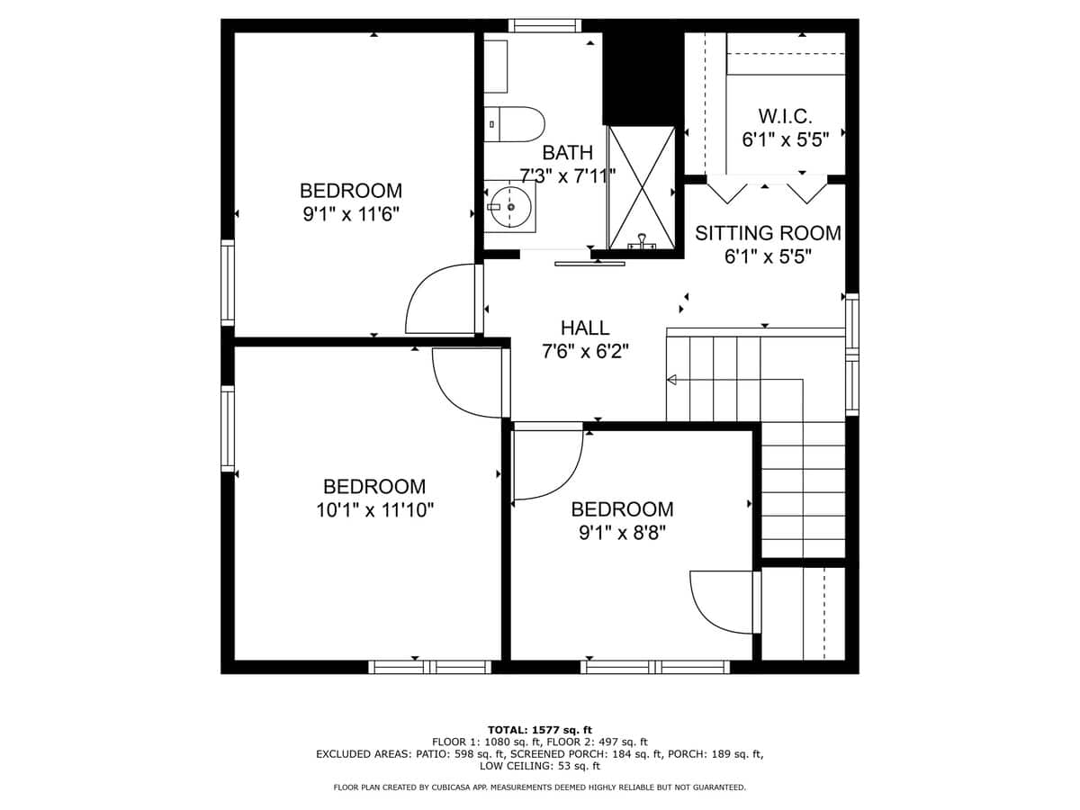 A detailed floor plan for the second level, outlining three bedrooms, a bathroom, a hall, a sitting room, and a walk-in closet, complete with room dimensions.