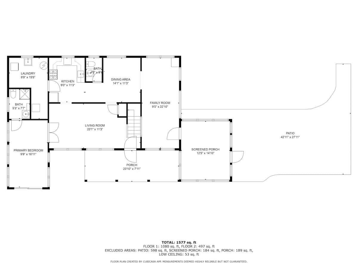 A detailed floor plan for the first level, illustrating the layout of a primary bedroom, two bathrooms, laundry room, kitchen, dining area, living room, family room, porch, screened porch, and patio with dimensions.