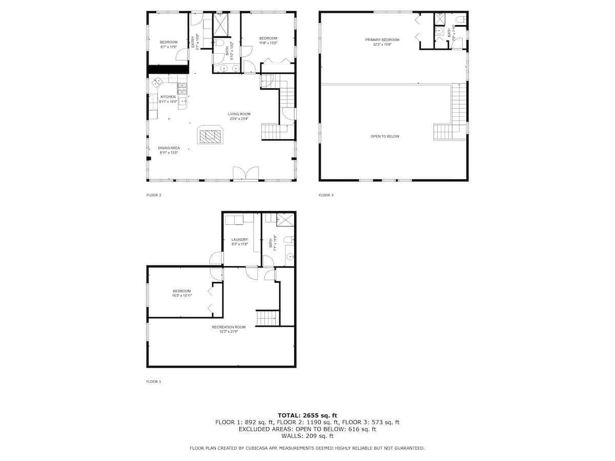A detailed three-floor floor plan illustrating the layout of a 2655 sq ft house, including bedrooms, bathrooms, kitchen, living room, dining area, laundry, and a recreation room, with dimensions provided for each space.