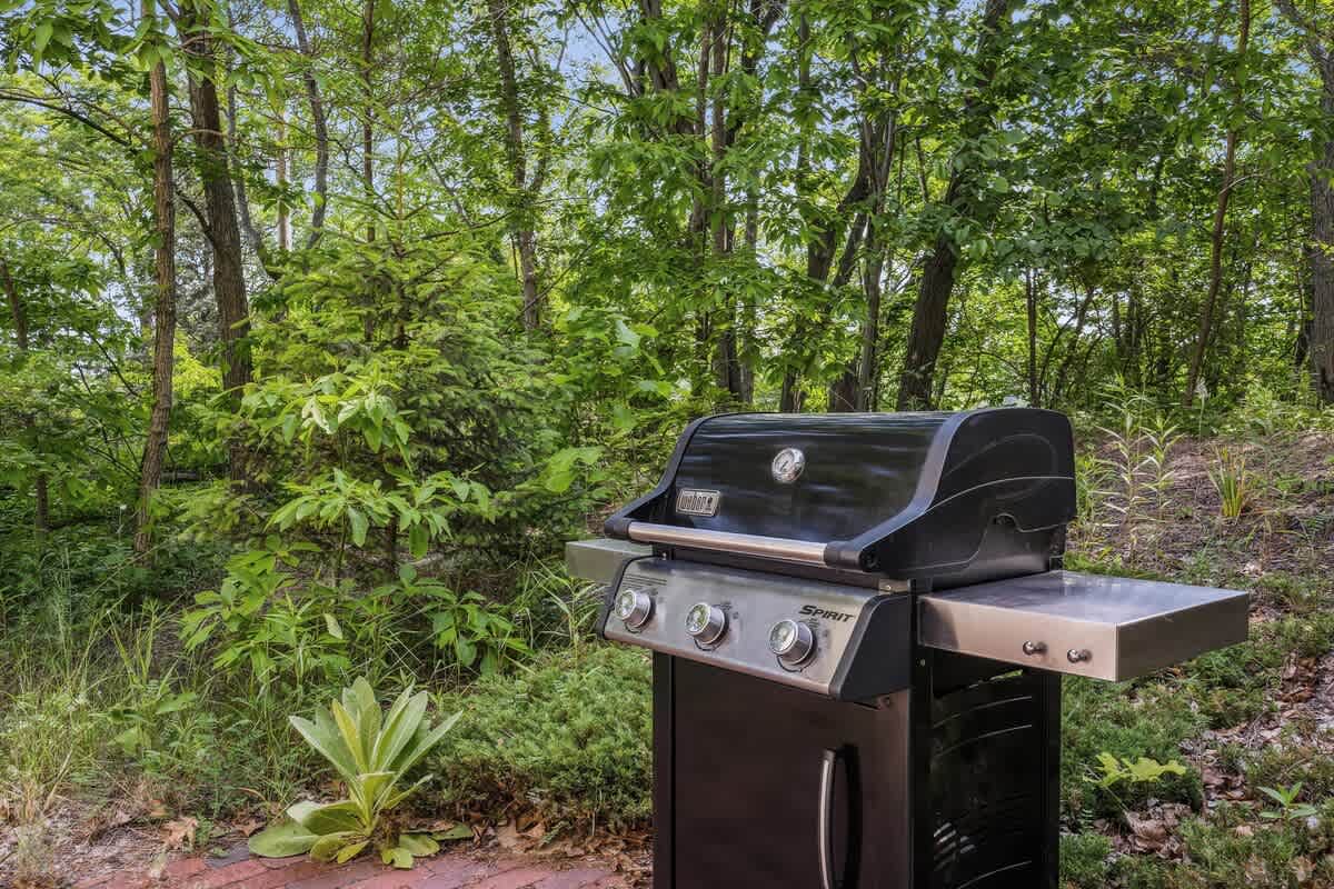 Black Weber Spirit gas grill situated on a brick patio amidst lush green foliage and trees. The natural setting provides a private and verdant backdrop for outdoor cooking.