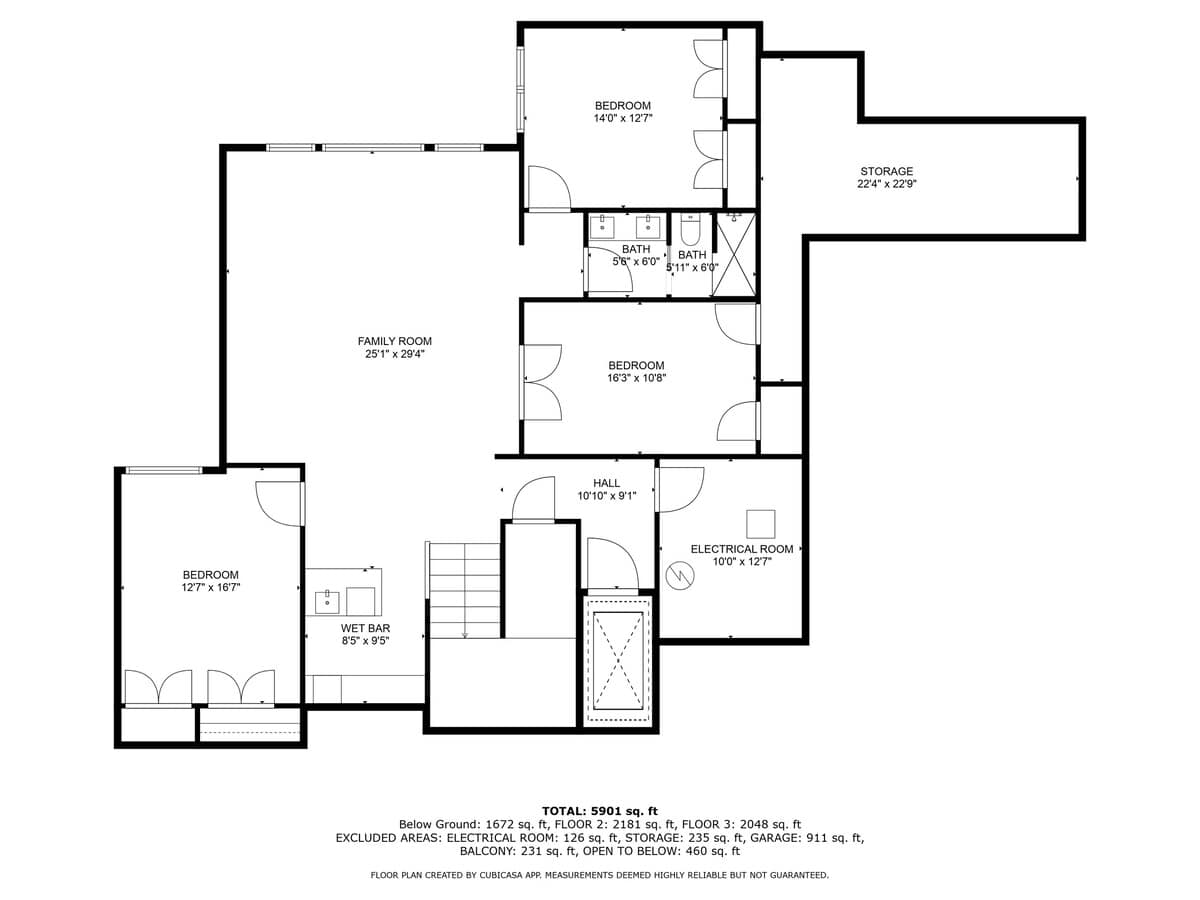 Overhead floor plan of the lower level, illustrating a family room, wet bar, three bedrooms, two bathrooms, a storage area, and an electrical room, designed for recreation and additional sleeping quarters.
