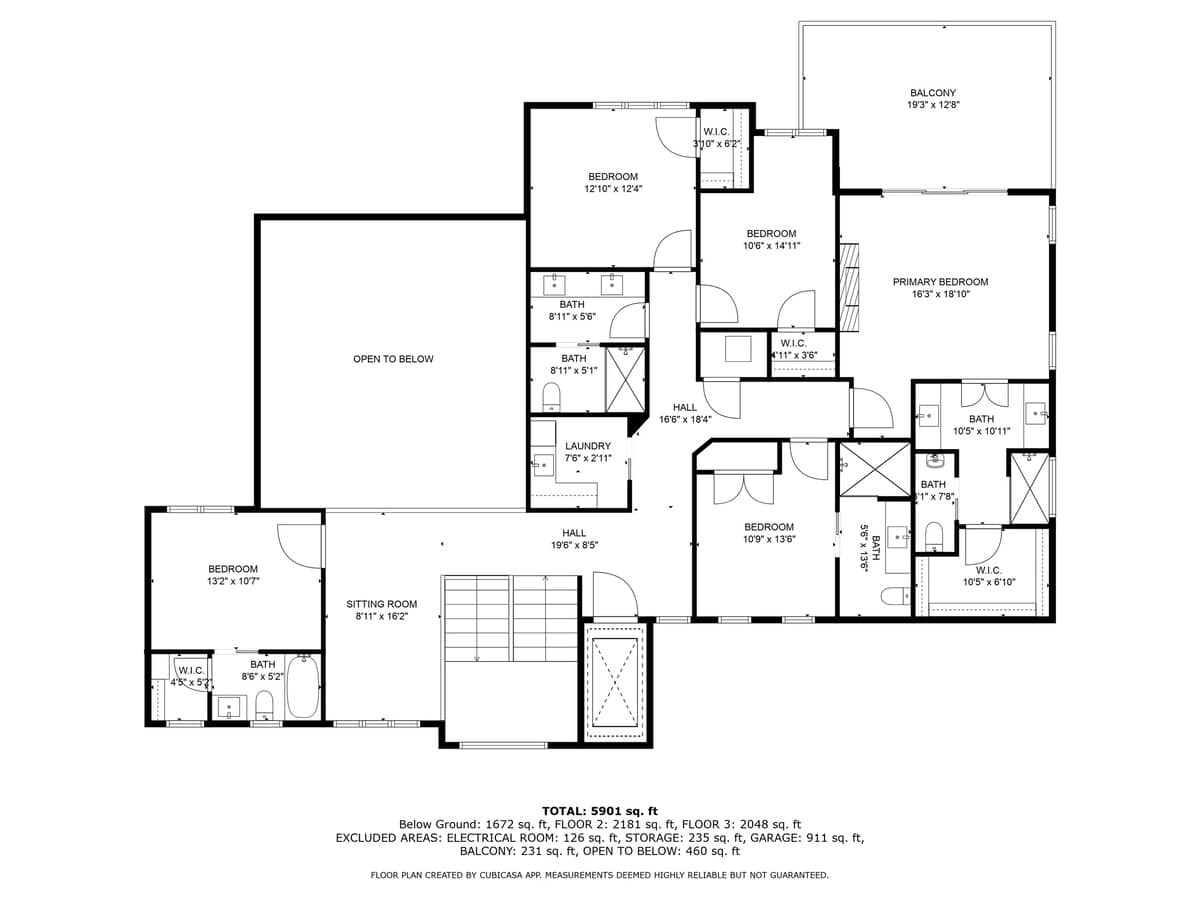 Overhead floor plan of the upper level, showing a central hall, laundry room, sitting room, four bedrooms including a primary suite with a balcony, and multiple bathrooms and walk-in closets.
