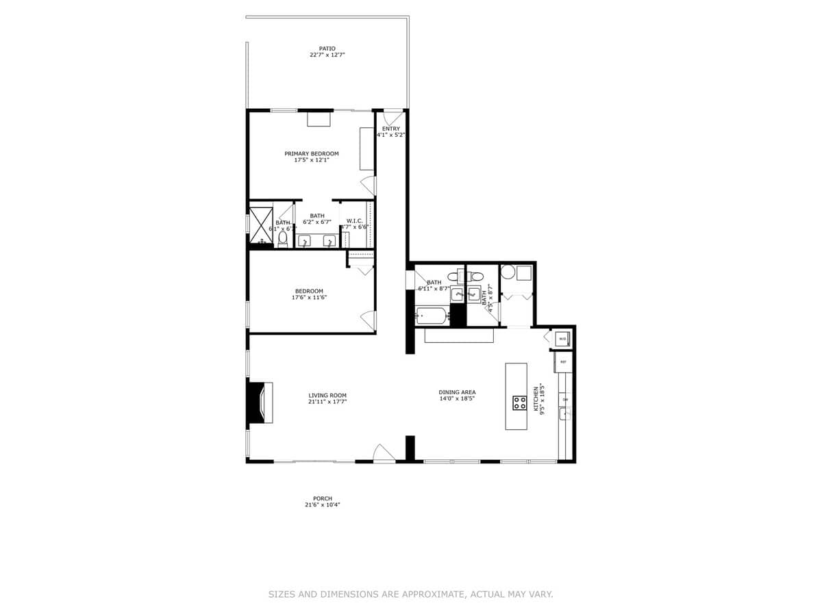 A detailed floor plan illustrating the layout of a two-bedroom, two-and-a-half-bathroom condominium, featuring a primary bedroom with en-suite bath, a second bedroom, a living room, dining area, kitchen, and outdoor patio and porch spaces.