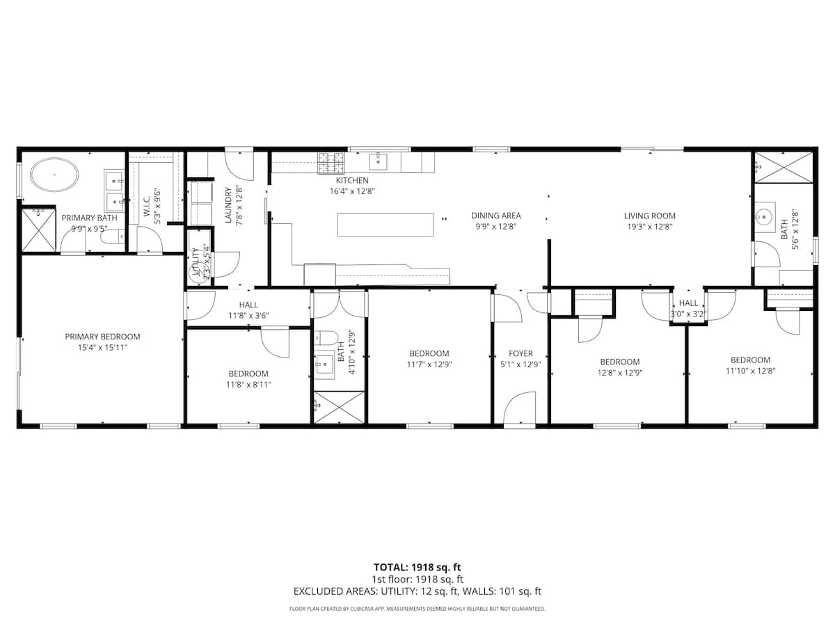 Black and white floor plan diagram showing the layout of a 1918 sq. ft. single-level home with multiple bedrooms, bathrooms, kitchen, dining area, living room, and utility spaces, including dimensions.