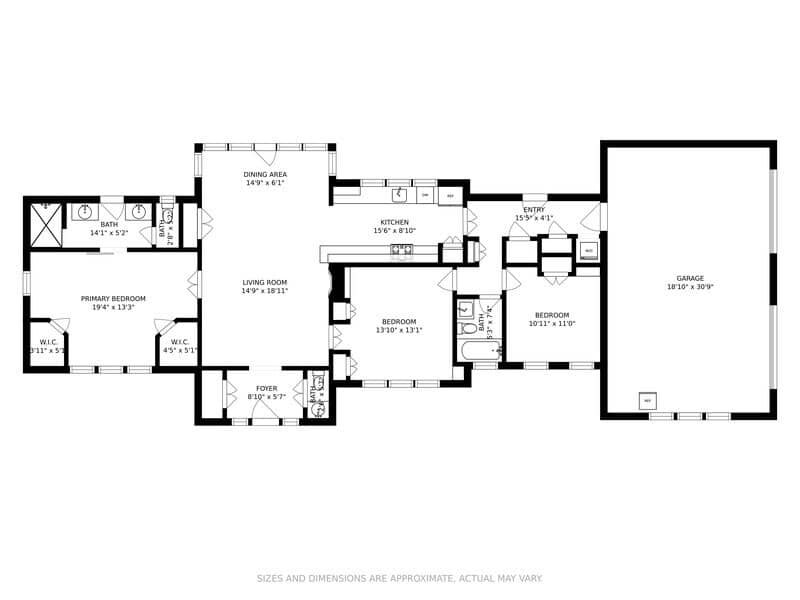 Detailed black and white floor plan illustrating the layout of a 3-bedroom, 2.5-bathroom house, including a primary bedroom suite, two additional bedrooms, a kitchen, living room, dining area, and an attached garage.