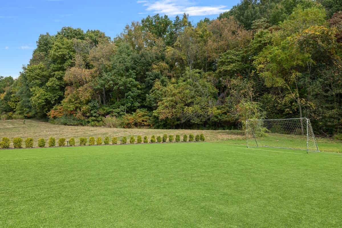 An expansive, well-maintained artificial turf lawn features a white soccer goal at one end, bordered by a row of manicured shrubs and a dense forest in the background.