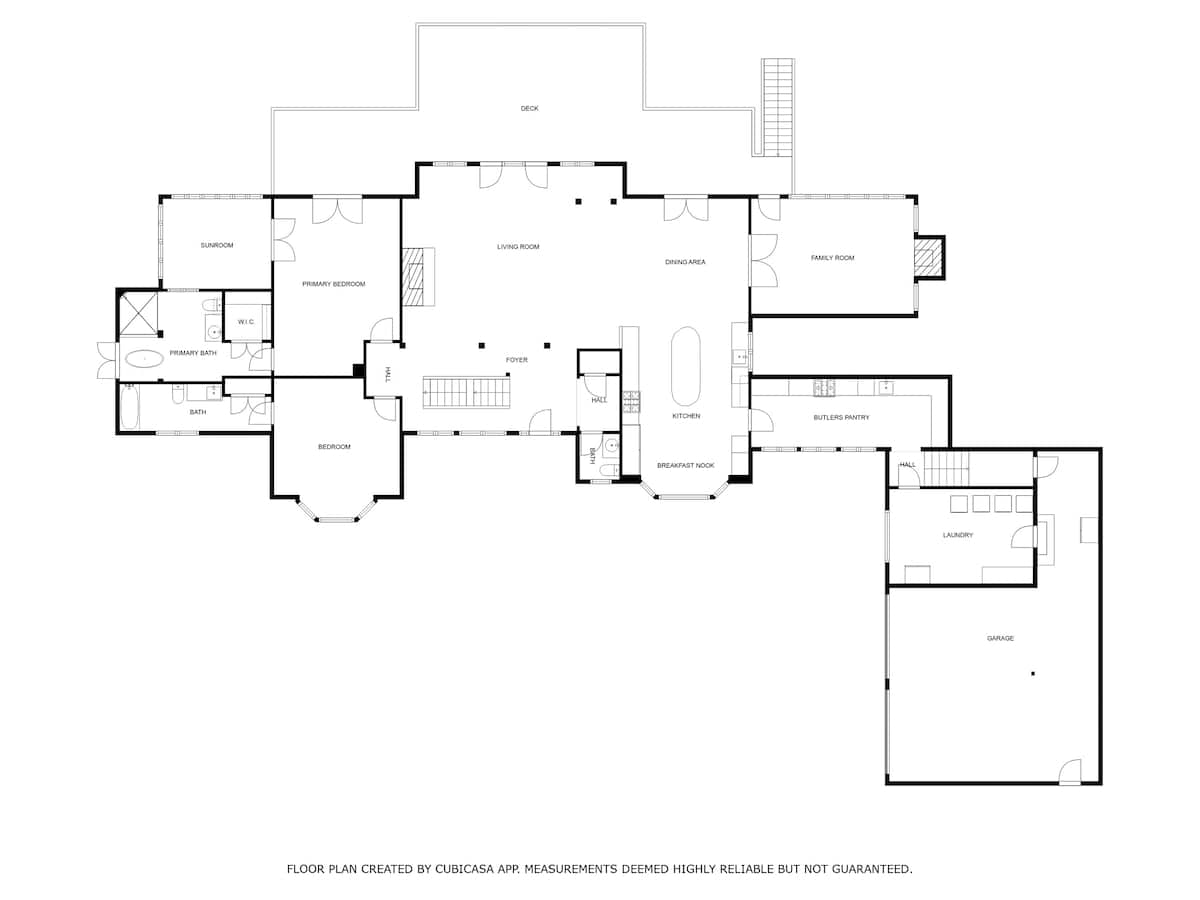 Detailed floor plan of the main level, showcasing a primary bedroom with en-suite bath, a second bedroom, sunroom, living room, dining area, kitchen, butler's pantry, laundry, garage, and an outdoor deck.
