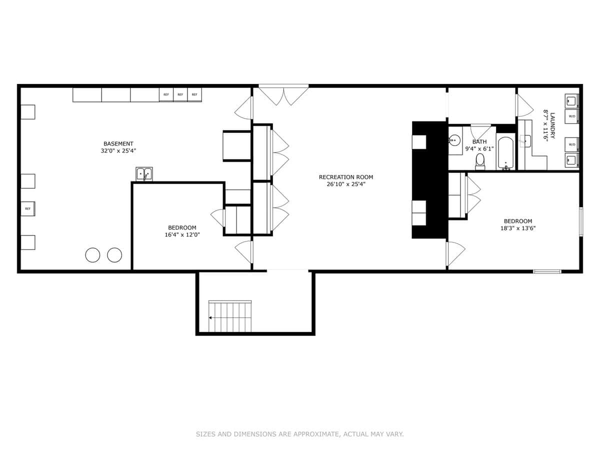 A detailed floor plan of the lower level (Floor 0) outlines a large basement area, a spacious recreation room, a laundry room, and two additional bedrooms with an adjacent bathroom.