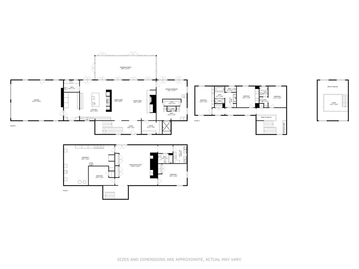 An overview floor plan displays the multi-level layout of the property, including the main floor, upper floor with bedrooms, and a lower level with a recreation room, indicating room dimensions and general arrangement.