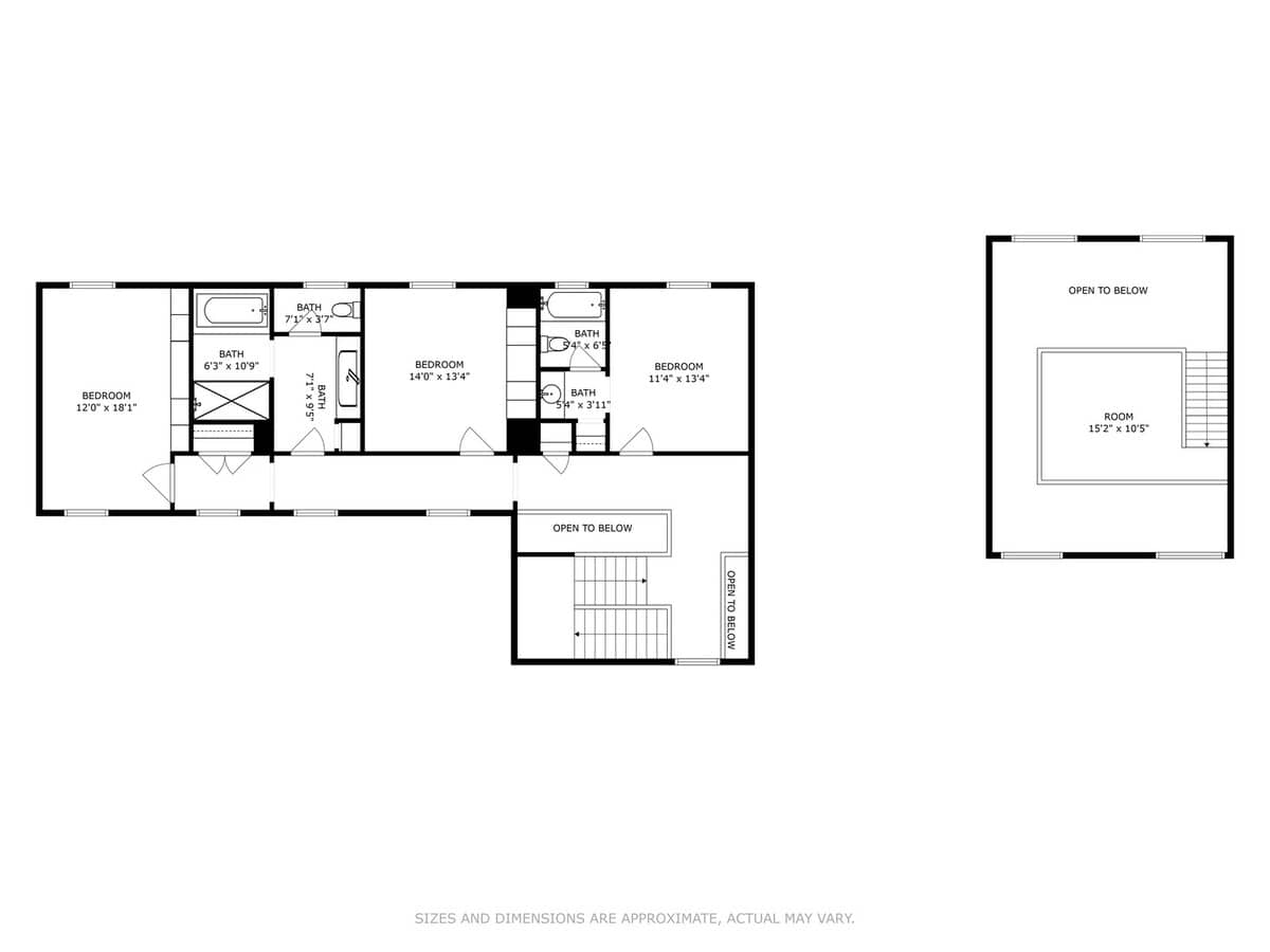 A detailed floor plan of the upper level (Floor 2) shows three bedrooms, each with an adjacent bathroom, and an 'open to below' area, along with a separate room labeled 'ROOM' on a different level.