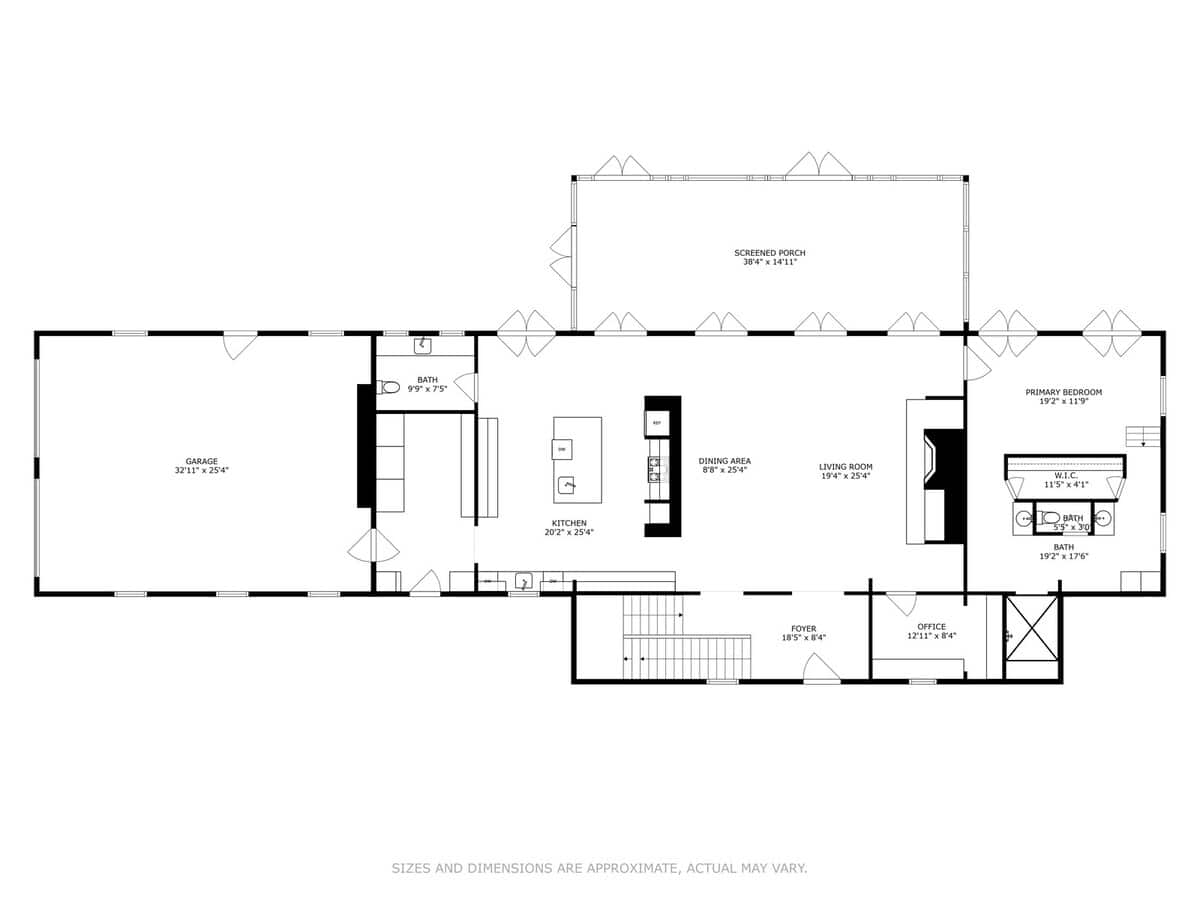 A detailed floor plan of the main level (Floor 1) illustrates the layout, featuring a large garage, open-concept kitchen, dining area, living room, primary bedroom suite, office, foyer, and an expansive screened porch.