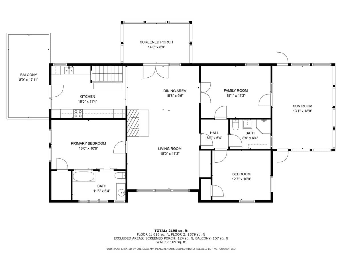 A comprehensive floor plan for "FLOOR 2" illustrates a kitchen, dining area, primary bedroom, living room, family room, sun room, additional bedroom, bath, screened porch, and balcony, all with dimensions.