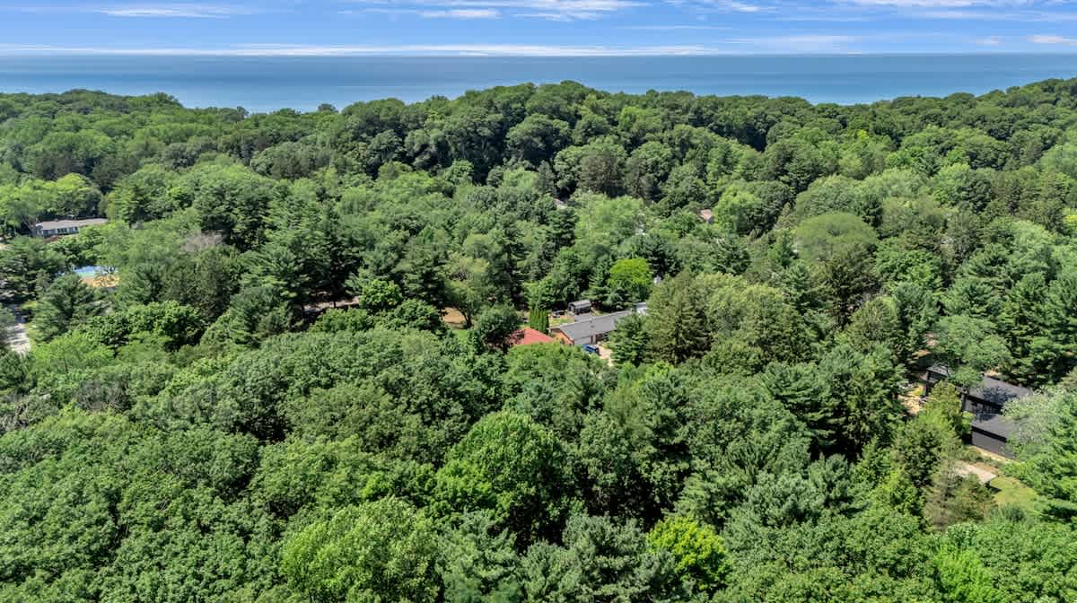 An aerial view showcases a house nestled within a dense, lush green forest, with the expansive blue waters of a large lake visible on the horizon under a bright sky.