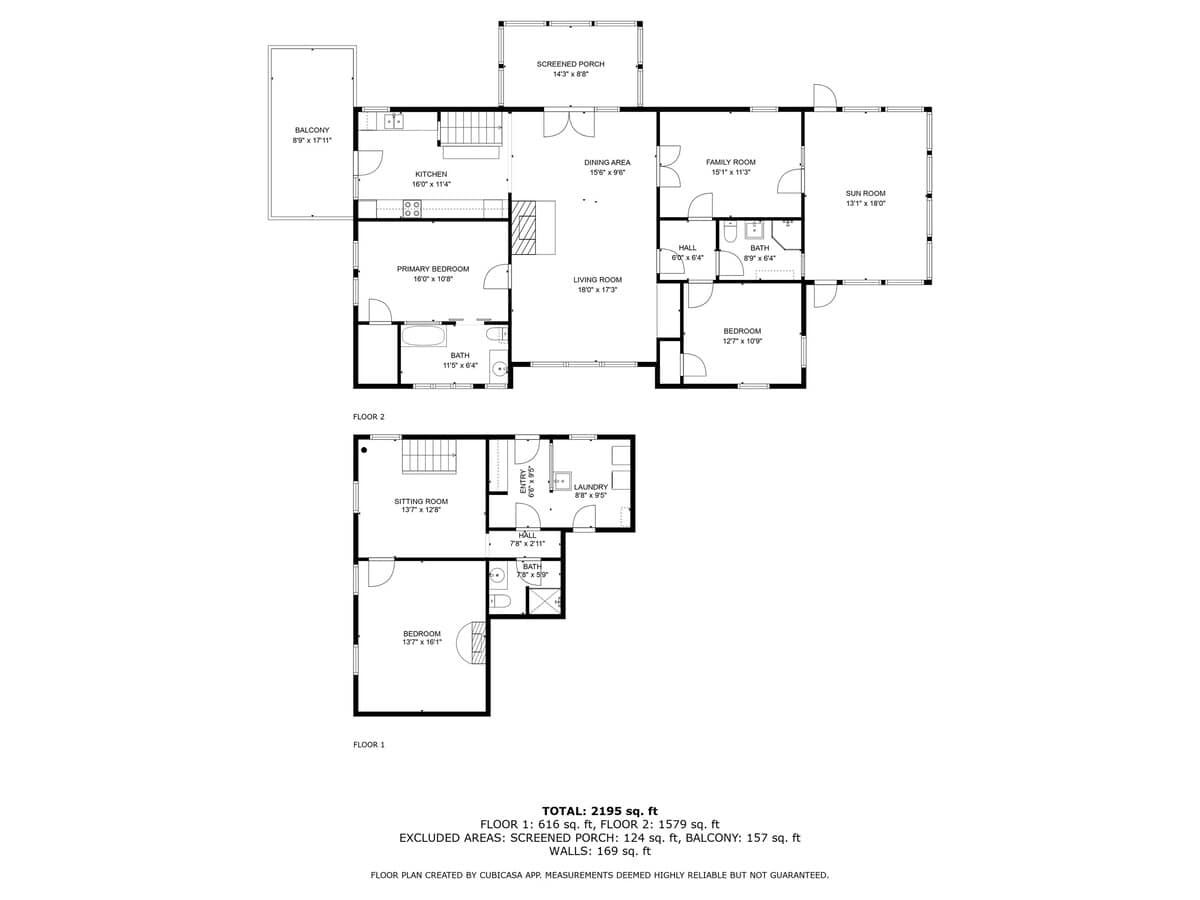 A combined floor plan displays both "FLOOR 1" and "FLOOR 2" layouts, detailing all rooms including bedrooms, living spaces, kitchen, and outdoor areas like the balcony and screened porch, with total square footage noted.