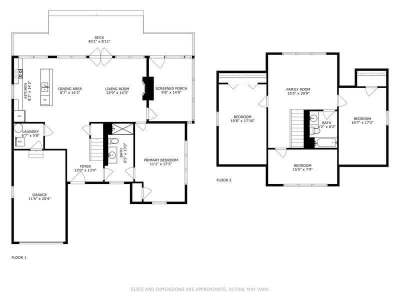 A comprehensive two-level floor plan displaying the complete layout of the property, including the first floor with living spaces and primary bedroom, and the second floor with additional bedrooms and a family room.