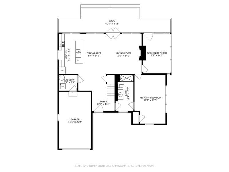 A detailed floor plan for the first level, outlining the layout of the kitchen, dining area, living room, screened porch, deck, laundry room, foyer, garage, primary bedroom, and a bathroom. Dimensions are provided for each space.