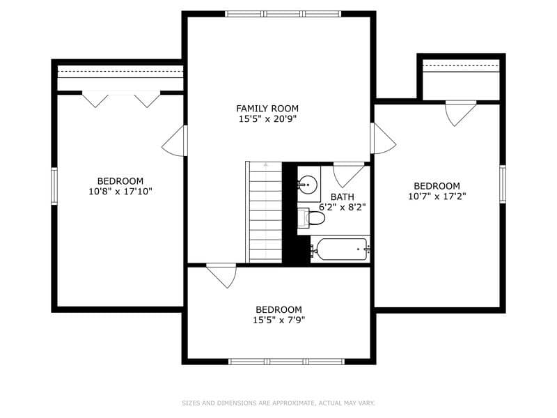 A detailed floor plan for the second level, illustrating the arrangement of a family room, three bedrooms, and a shared bathroom. Dimensions are included for each designated area.