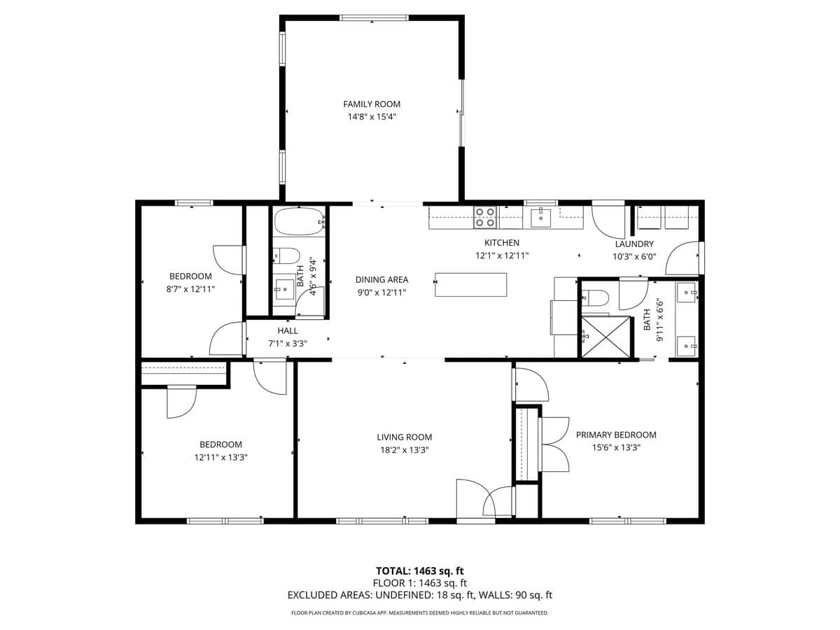 Detailed floor plan illustrating the layout of a 1463 sq ft single-story home with three bedrooms, two bathrooms, a kitchen, dining area, living room, family room, and laundry room. Dimensions for each space are clearly marked.