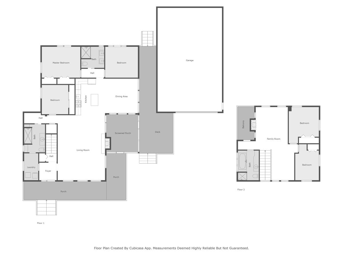 A comprehensive two-story floor plan illustrating the layout of the entire property, including multiple bedrooms, bathrooms, living areas, kitchen, dining, laundry, garage, and outdoor spaces like a deck, screened porch, and balcony.