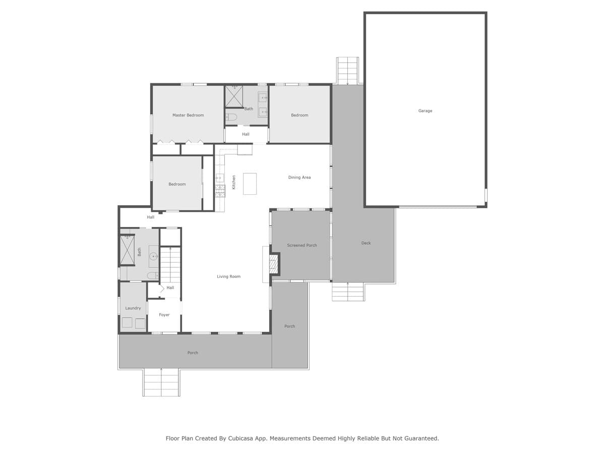 A detailed floor plan illustrating the layout of the house, including multiple bedrooms, bathrooms, living areas, kitchen, dining area, screened porch, deck, and an attached garage.