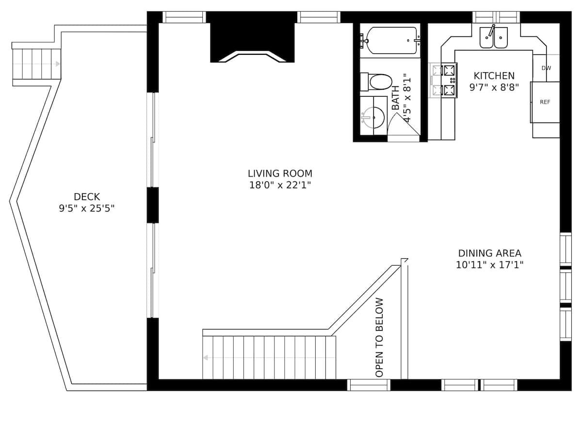 A black and white floor plan illustrates the main level layout, featuring a large living room, dining area, kitchen, and a full bathroom, with an exterior deck and stairs leading to an upper level.