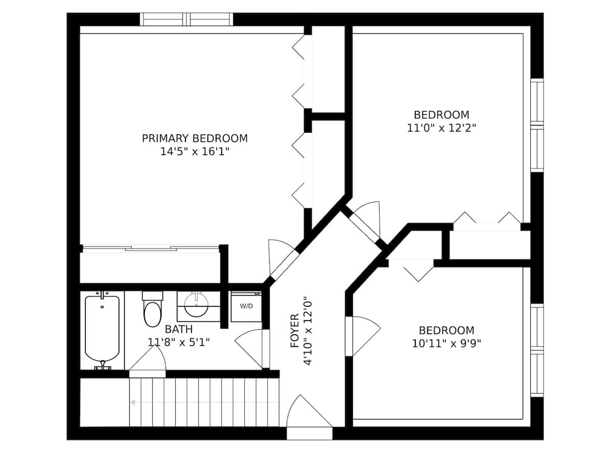 A black and white floor plan displays the upper level layout, including a primary bedroom, two additional bedrooms, a full bathroom, and a foyer, with stairs leading down to the main level.