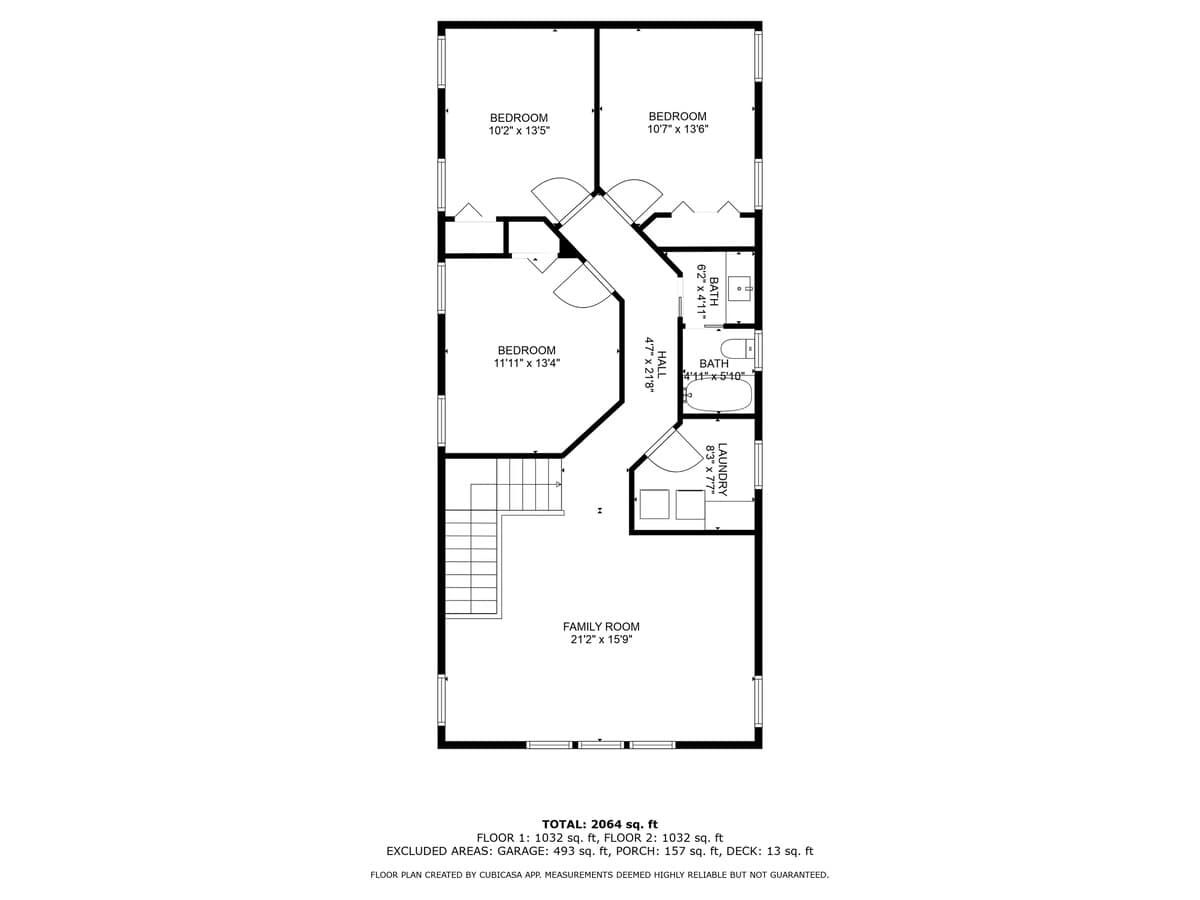 Detailed floor plan for the second floor, outlining the arrangement of three bedrooms, two bathrooms, a central hall, laundry room, and a family room. Room dimensions are clearly indicated.