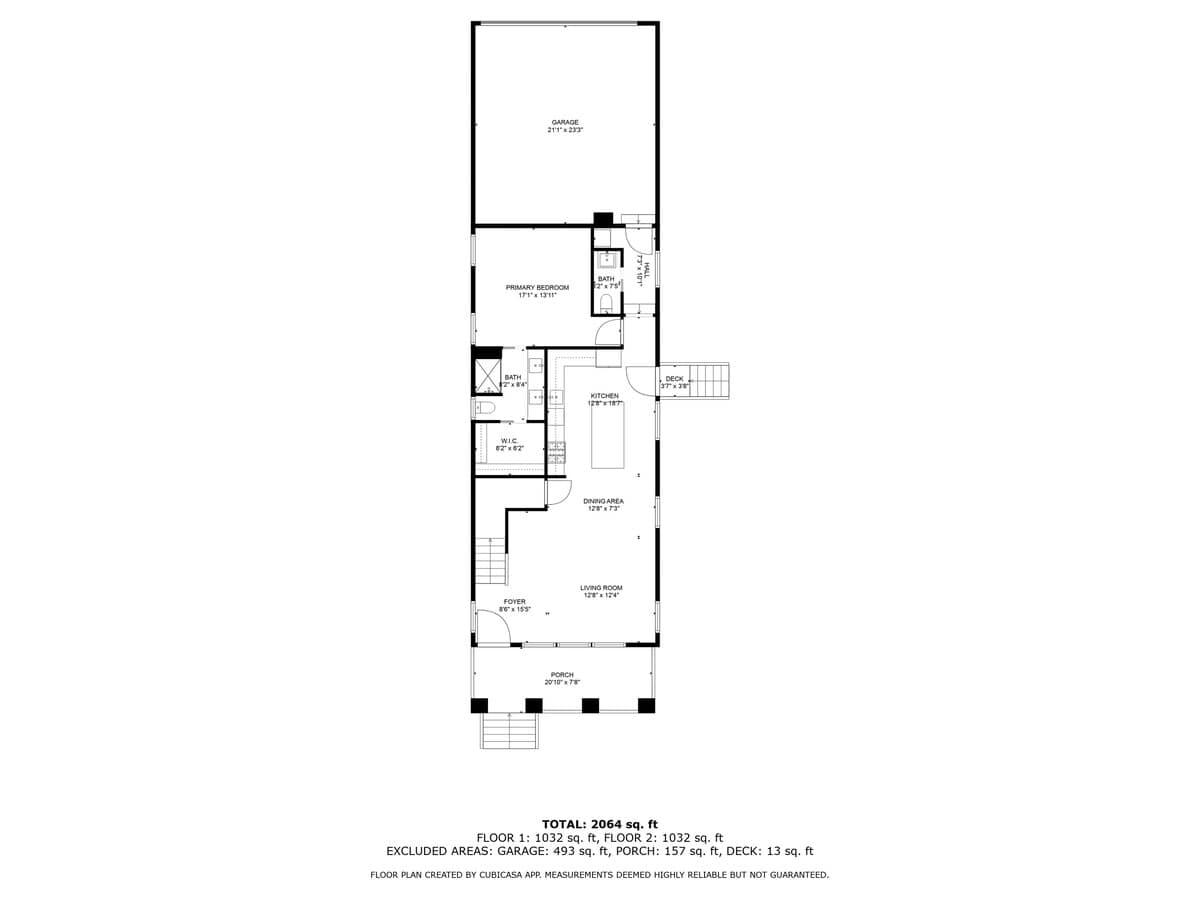 Detailed floor plan for the first floor, illustrating the layout of a garage, primary bedroom with en-suite bath, kitchen, dining area, living room, and front porch. Dimensions for each space are provided.
