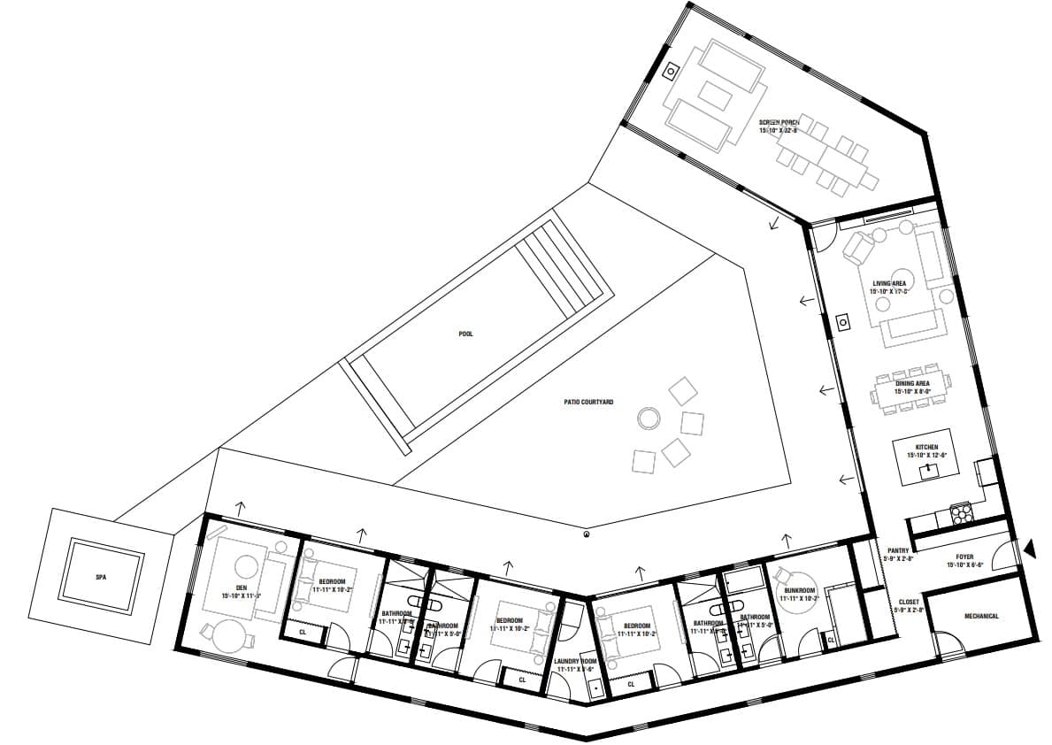 Detailed floor plan of the property, illustrating the layout of multiple bedrooms, bathrooms, living areas, kitchen, and a central patio courtyard with a pool and spa. The unique angular shape of the building is clearly visible.