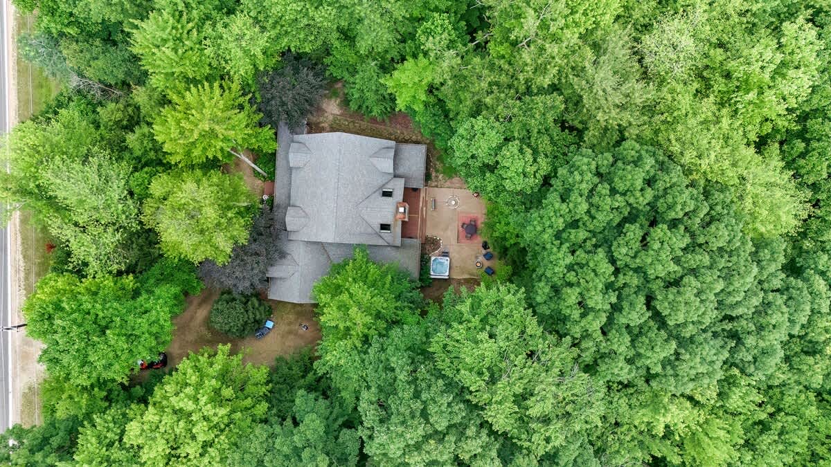 An overhead view of the property reveals a house with a gray roof completely enveloped by a dense canopy of green trees, with a road bordering the left side and an outdoor patio area visible.