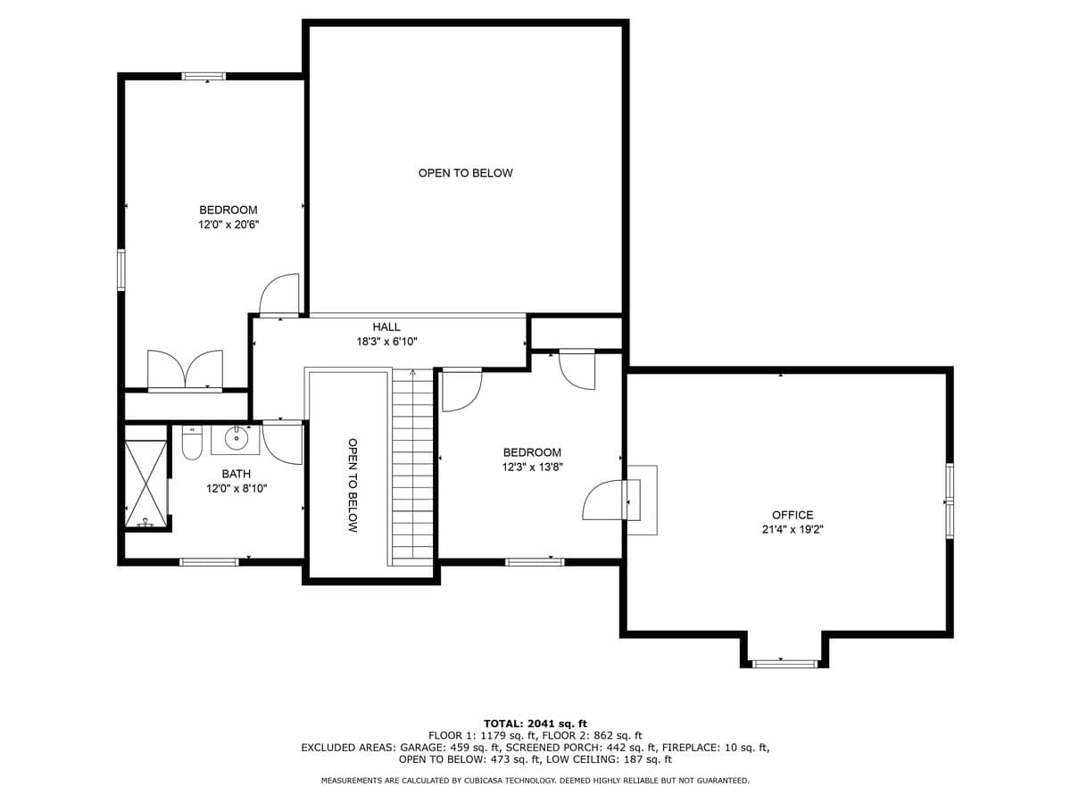 A second-floor layout plan illustrating two additional bedrooms, a shared bathroom, a central hall, an office space, and areas open to the floor below.