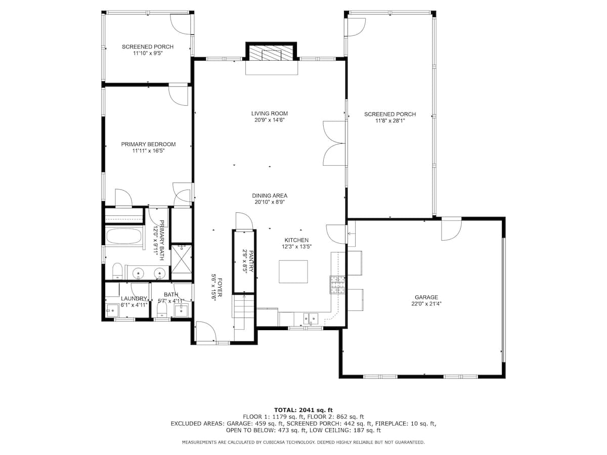 A detailed first-floor layout plan illustrating a primary bedroom with an en-suite bath, laundry room, foyer, open-concept living and dining areas, kitchen, two screened porches, and a garage.