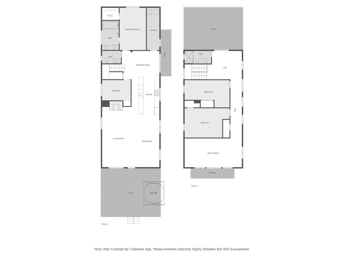 A detailed floor plan displays the layout of Floor 1, including a living room, dining area, kitchen, bedroom, master bedroom with bath, and a porch with a hot tub, alongside Floor 2 with a family room, two bedrooms, and a deck.