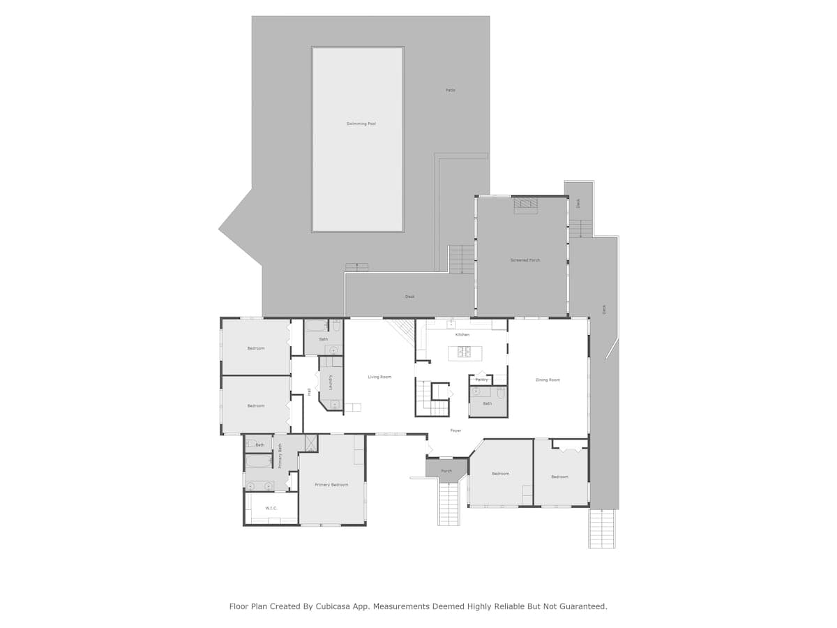 Comprehensive floor plan of the main level, illustrating the layout with a swimming pool, patio, deck, screened porch, kitchen, dining room, living room, foyer, primary bedroom, and additional bedrooms and bathrooms.