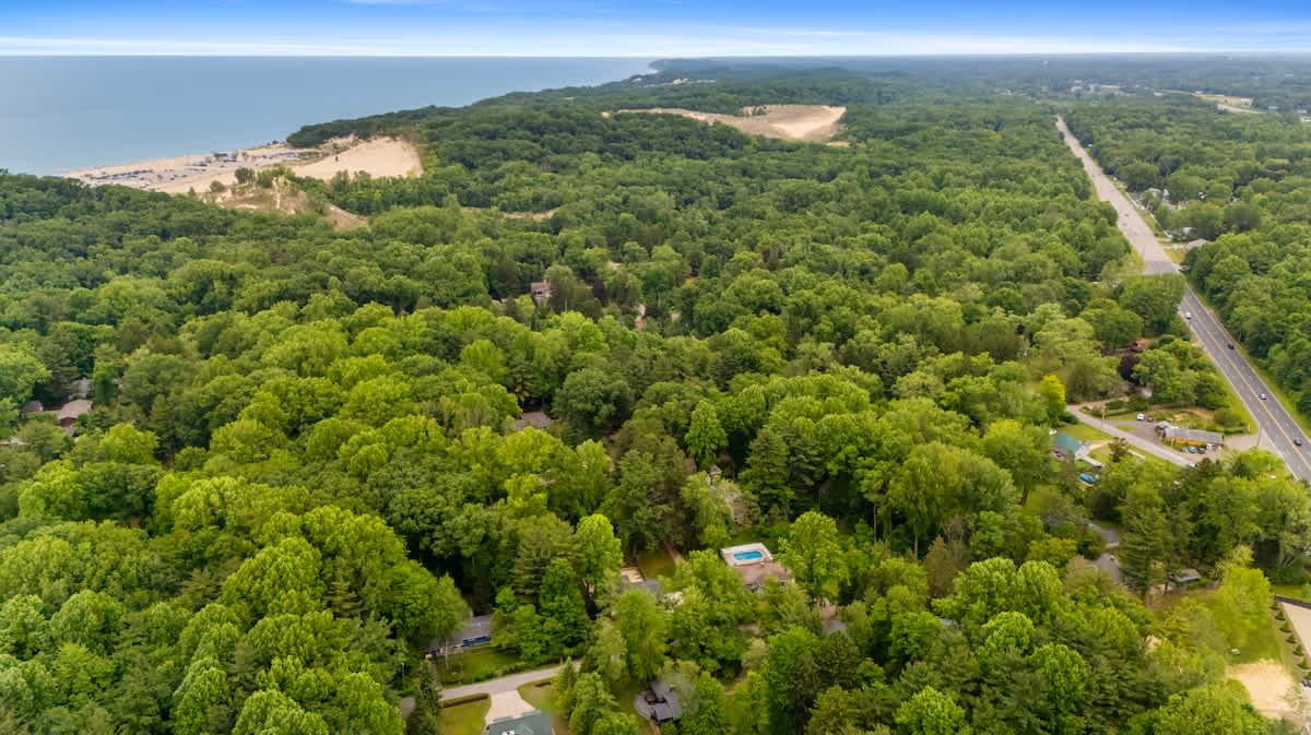 A vast aerial landscape view reveals a dense green forest stretching towards a large body of water with sandy dunes along the coastline. A road runs through the forested area, indicating the property's proximity to natural attractions.