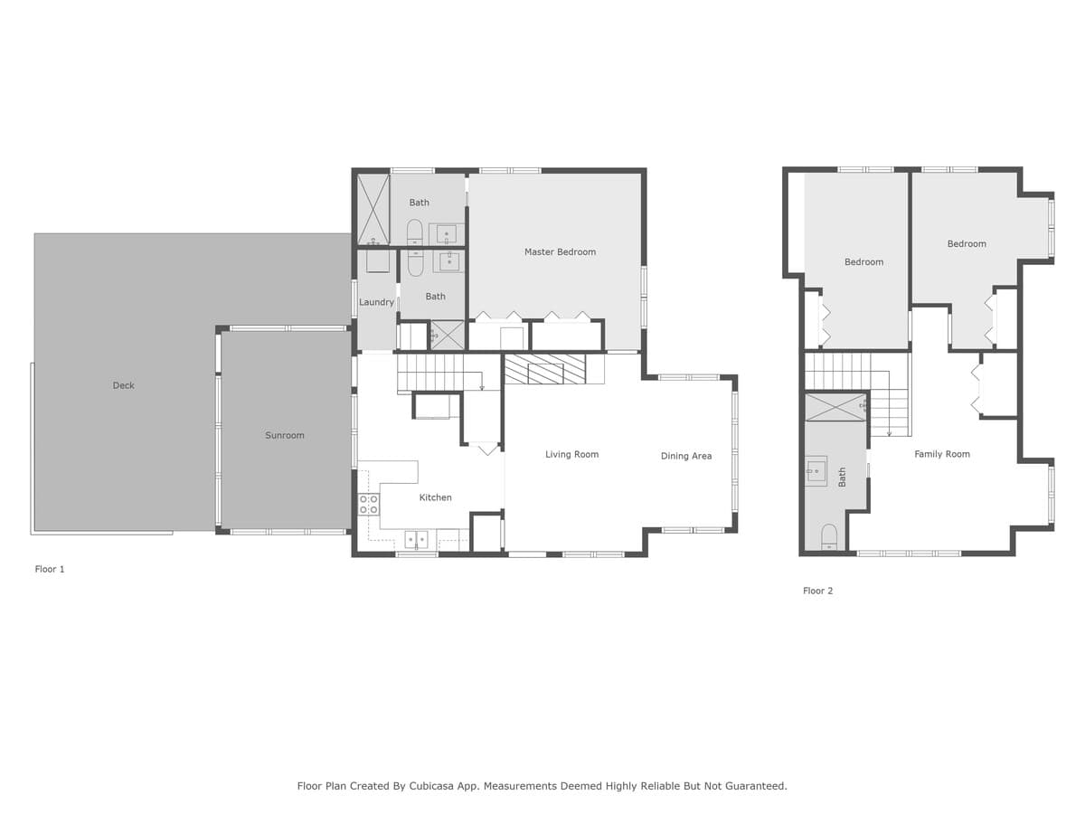A comprehensive top-down floor plan showcasing both the first and second levels, detailing the kitchen, living room, master bedroom, and deck on the first floor, alongside bedrooms and a family room on the second.