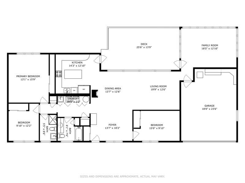 A detailed black and white floor plan illustrates the layout of the single-story home, including three bedrooms, two bathrooms, a kitchen, dining area, living room, family room, deck, foyer, and an attached garage. Dimensions are provided for each space.