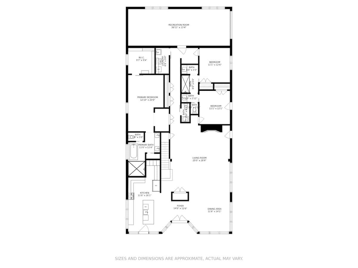 A detailed floor plan of the first level, showing the layout of the foyer, kitchen, primary bedroom, recreation room, living room, dining area, and multiple bathrooms.