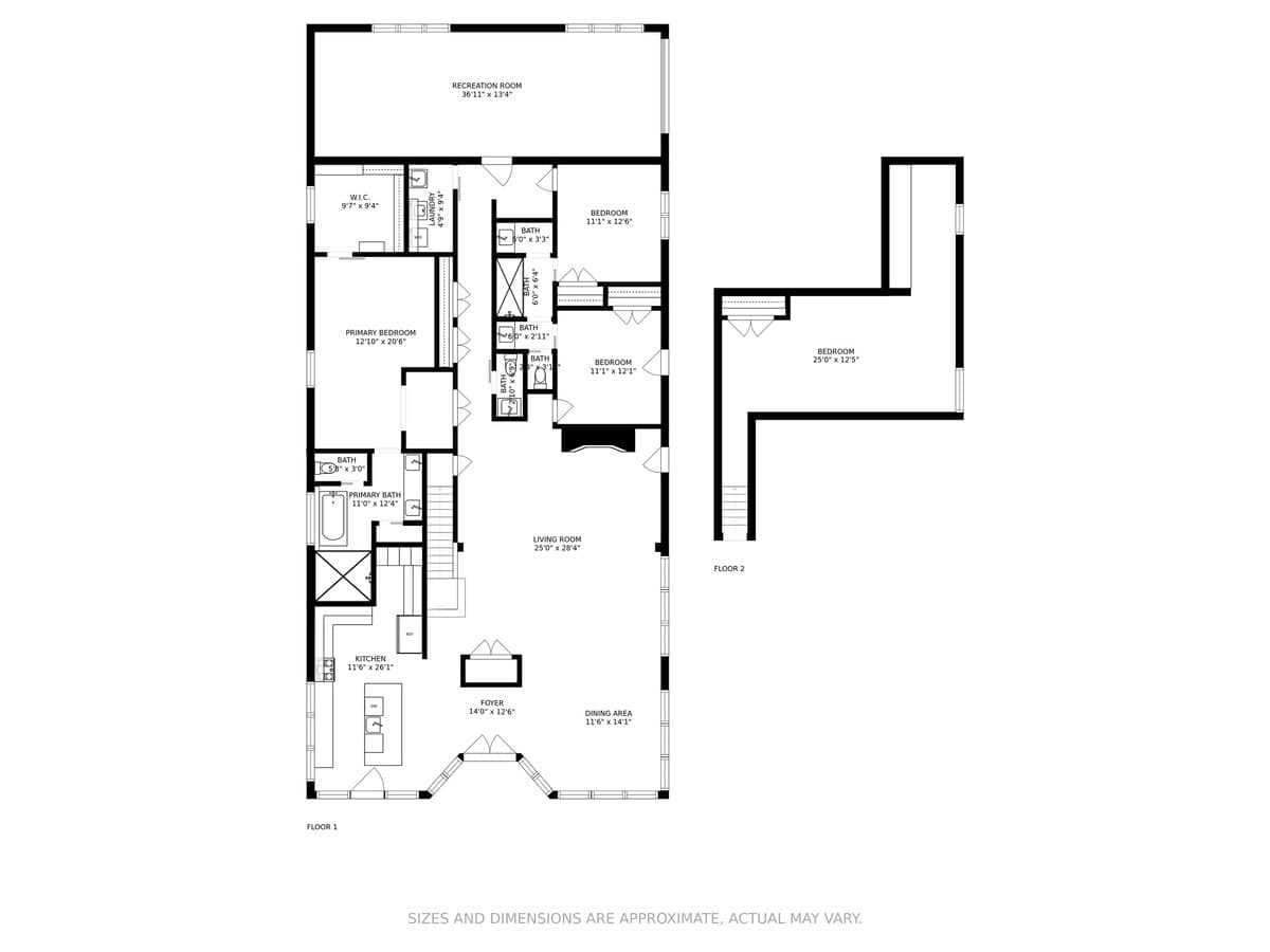 A comprehensive floor plan combining Floor 1 and Floor 2, illustrating the complete layout of the house including all bedrooms, bathrooms, living spaces, and the recreation room.