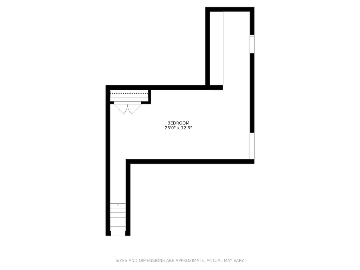A floor plan specifically detailing a large L-shaped bedroom on an upper floor, measuring 25'0" x 12'5", with stairs leading up to it.