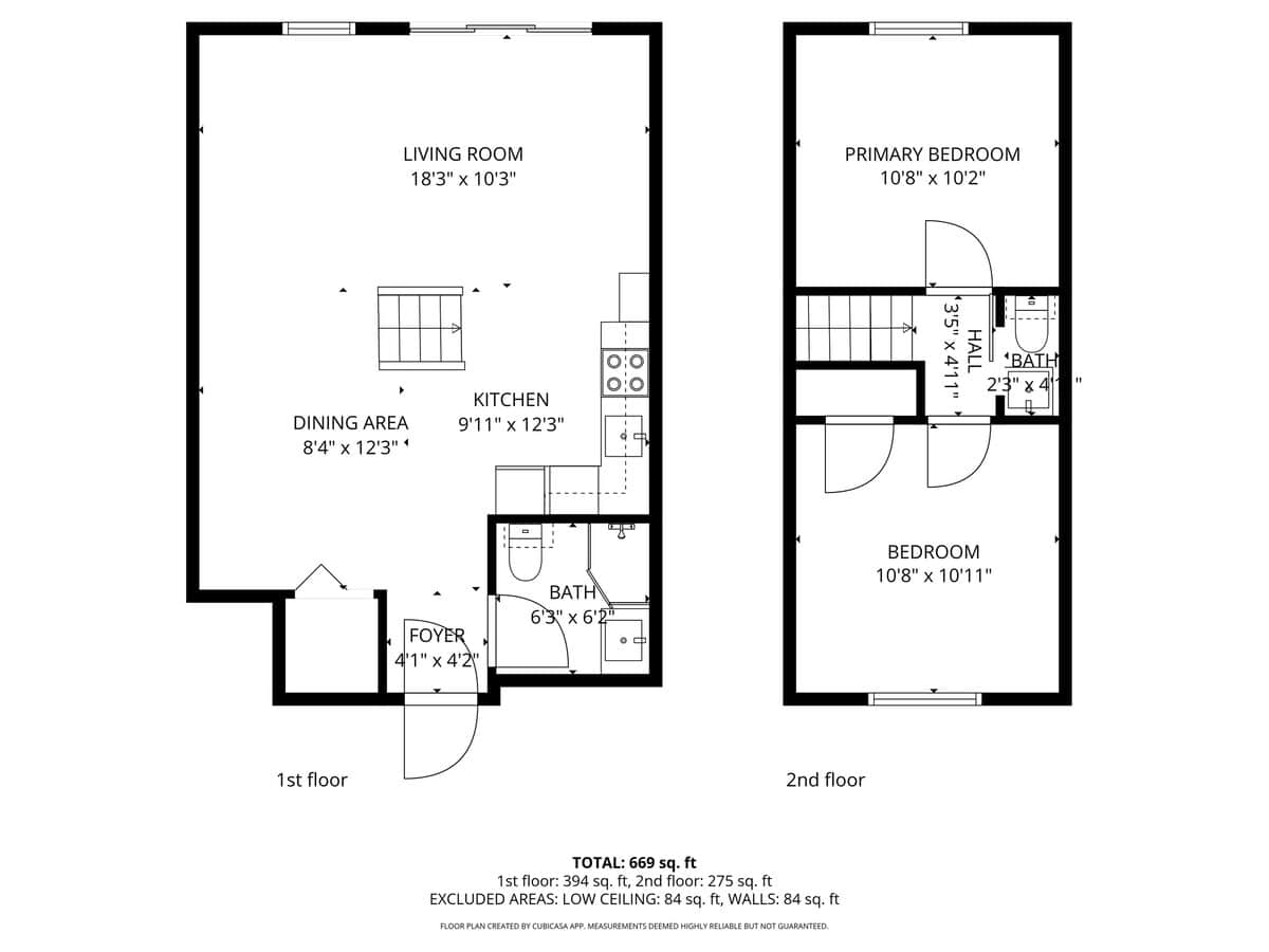 Comprehensive floor plan displaying both the first and second floor layouts, detailing the living room, kitchen, dining area, foyer, two bedrooms, and two bathrooms with their respective dimensions.