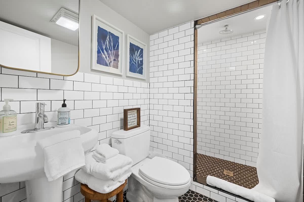 Modern bathroom featuring white subway tiles on the walls, a white pedestal sink, and a walk-in shower with dark hexagonal floor tiles and a glass enclosure. Blue botanical prints adorn the wall above the toilet.