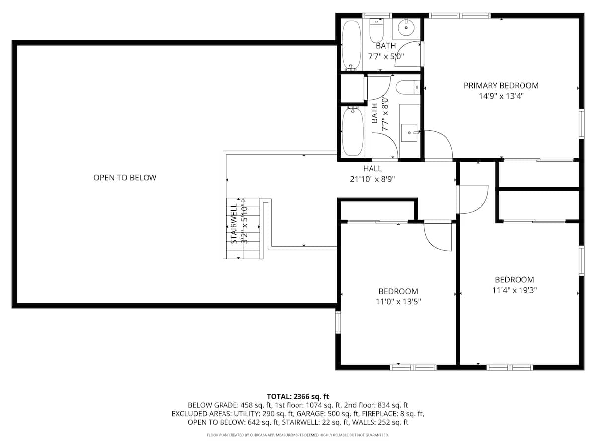 A detailed black and white floor plan illustrates the second level of the house, showing the layout of the primary bedroom, two additional bedrooms, two bathrooms, and a hall with dimensions.