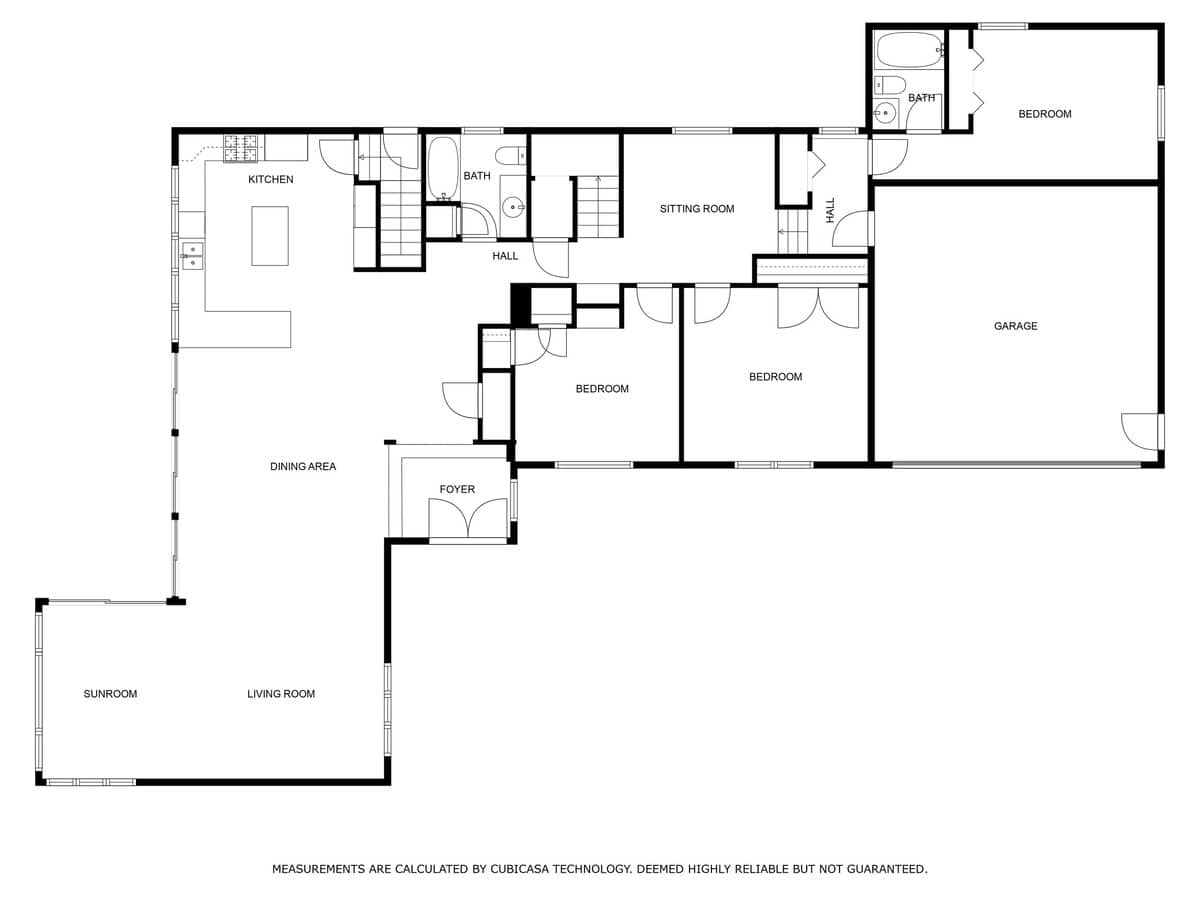 A detailed black and white floor plan of the main level, illustrating the layout of the kitchen, dining area, living room, sunroom, foyer, multiple bedrooms and bathrooms, a sitting room, hall, and garage.