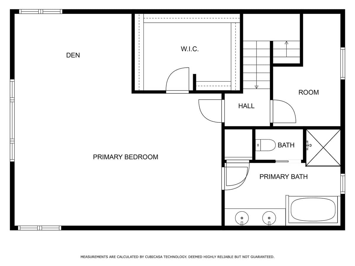 A black and white floor plan illustrates the layout of a primary bedroom, den, walk-in closet, hall, and two bathrooms, with stairs indicating access to another level.