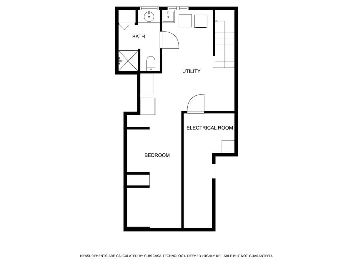 A black and white floor plan of the lower level, indicating a bedroom, bathroom, utility room, electrical room, and stairs. Room dimensions and layouts are clearly outlined.