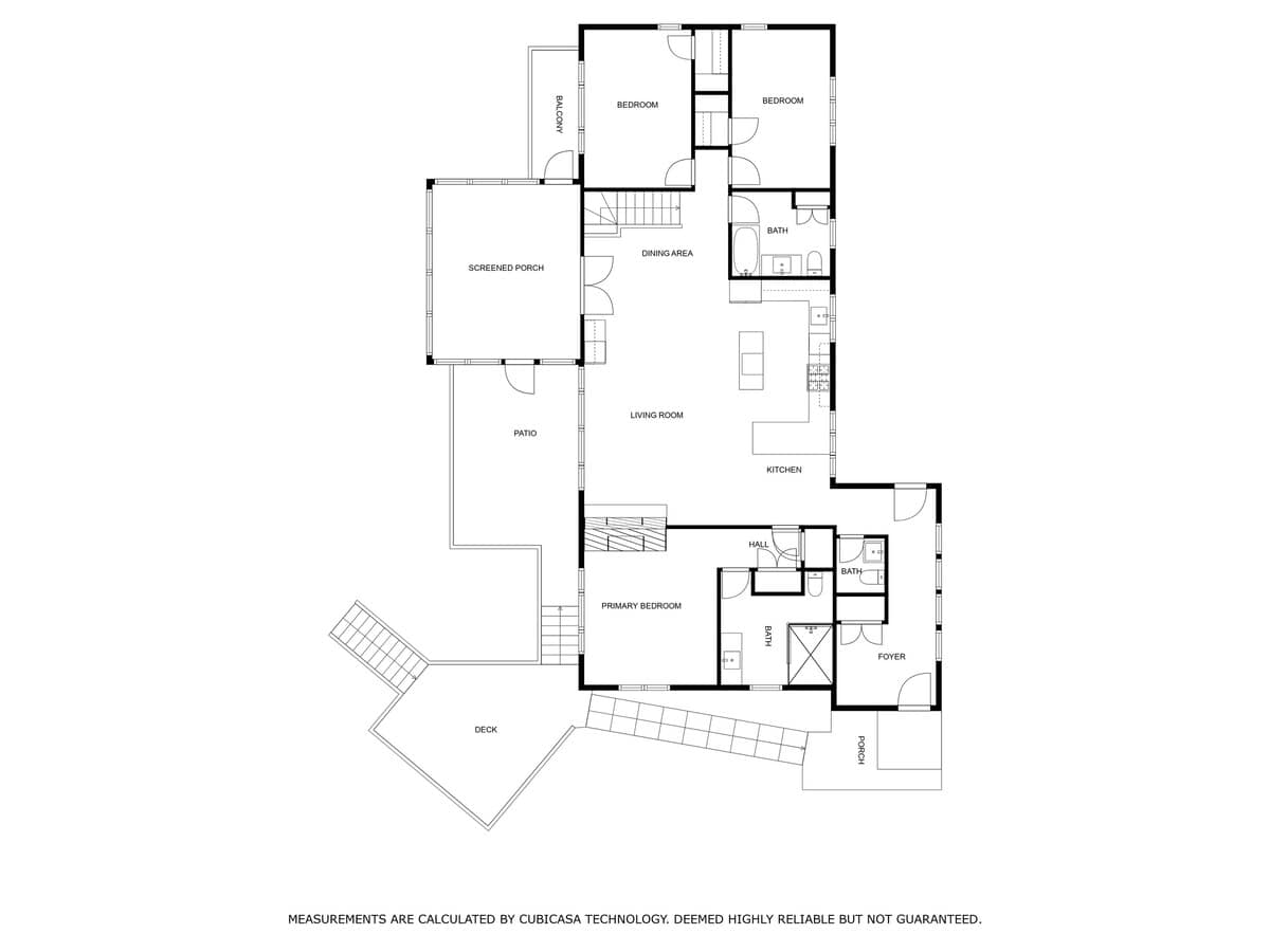 A detailed floor plan illustrating the layout of the upper level of the property, showing bedrooms, bathrooms, living areas, and outdoor spaces like a balcony and screened porch.